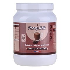 Proquick boisson arôme chocolat au lait riche en protéines. Pot 450 g