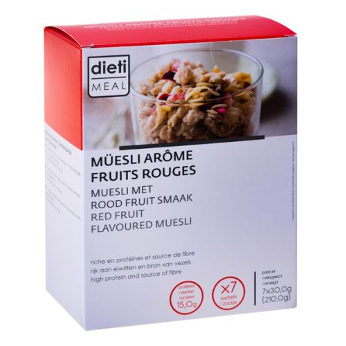 Dietisnack müesli fruits rouges riche en protéines, petit-déjeuner minceur