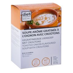 Préparation instantanée pour soupe gratinée à l'oignon avec croûtons riche en protéines.