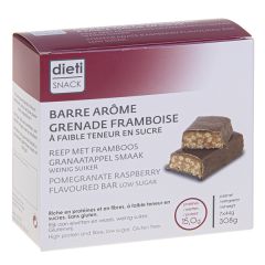 Dietisnack barre arôme grenade framboise riche en protéines, sans gluten.